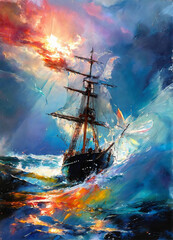 ship in the sea, brush stroke painting