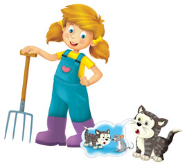 cartoon scene with farmer girl standing with pitchfork and farm animal cat kitty isolated background illustation for children