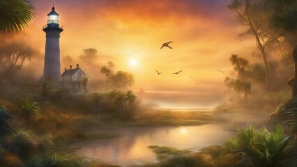 Fototapeta premium lighthouse at sunset highly intricately detailed photograph of Dawn s early morning mist surrounds the Bodie Island 