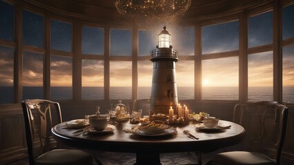 christmas table setting highly intricately detailed photograph of Lighthouse gives hope vision and guidance through beam of light in a dining room