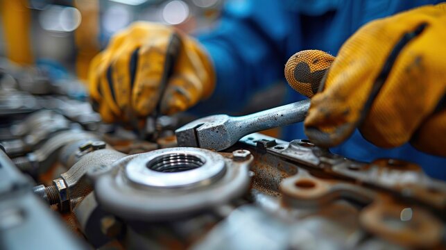 A close-up shot of a professional mechanic working on a vehicle in a car service workshop. The engine specialist is shown fixing the motor using a ratchet, with modern and clean surroundings.