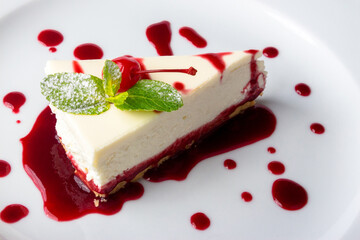 classic new york cheesecake in a raspberry syrup decorated with cherry and mint leaves