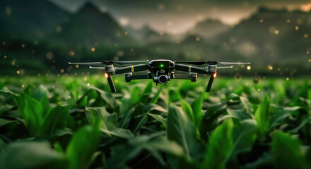 Future of farming with precision agriculture techniques, as an IoT drone meticulously monitors crop growth and soil conditions in a futuristic landscape.