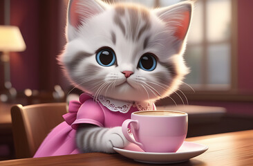 Cartoon kitten in a pink vintage dress with a pink cup
