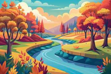 A beautiful autumn scene with a river running through a forest
