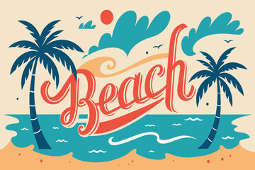 Fototapeta na wymiar A beach scene with palm trees and a blue ocean