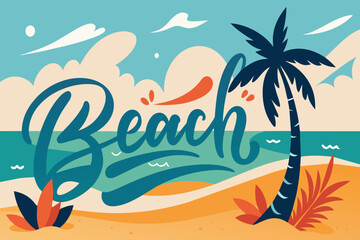 A beach scene with a palm tree and ocean