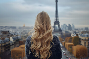 Beautiful slim girl with long blond hair standing in front of the Eiffel Tower in Paris.