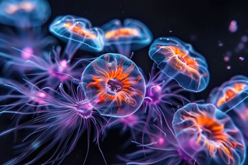 Fototapeta premium Explore the vibrant world of protozoa organisms in dynamic macro underwater photography, capturing the beauty of aquatic lifeforms.