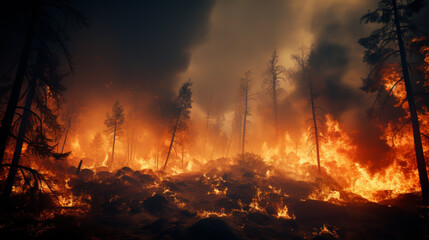 Illustration of a forest fire at night, capturing the intense and destructive beauty of wildfire.