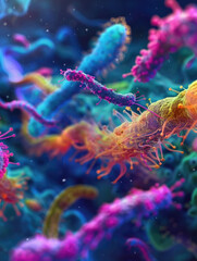Explore the vivid neon abstract shapes and patterns of a diverse bacterial colony in a clinical laboratory environment, capturing the essence of microbiological research.