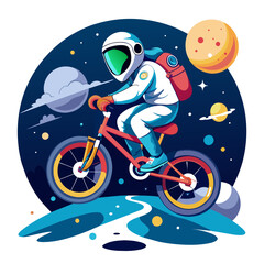 illustration of an astronaut performing BMX tricks against the backdrop of a softly illuminated moon, with vibrant colors and sleek lines