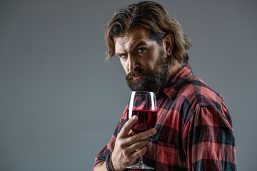 Red wine in bottle, wine glass. Red wine in a glass. Sommelier man, degustator, winery. Man holding...