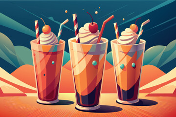 Three colorful drinks with cherry on top and straws in them