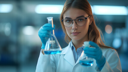 Female Scientist Holding Flask in Neon-Lit Laboratory