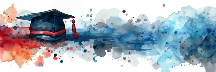Banner with graduation cap and watercolor splashes, illustration