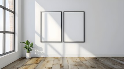 Two empty vertical black frame mock up in a white interior room design with wooden oak floor, 2 empty modern frames for gallery wall mockup, 3d illustration white wall interior render Ai generated 