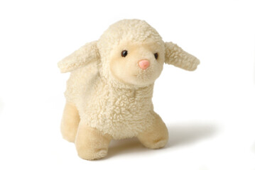 Little plush lamb, children's toy puppet on white background
