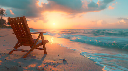 Serene Beach Sunset with Relaxing Wooden Chair Amidst Tranquil Nature