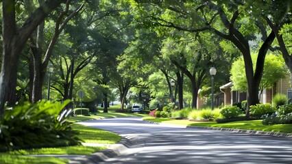 Side view of suburban street in Katy Texas with lush greenery. Concept Suburban Streets, Katy Texas, Lush Greenery, Side View, Neighborhood Scenery - obrazy, fototapety, plakaty