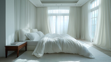 Fototapeta na wymiar Serene White Bedroom Interior with Sunlight Streaming through Curtains