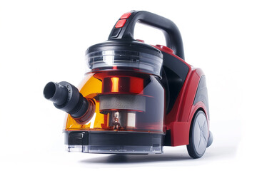 A bagless canister vacuum cleaner with a multi-cyclonic system and HEPA filtration for trapping fine dust particles isolated on a solid white background.