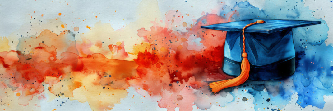 Banner with graduation cap and watercolor splashes, illustration