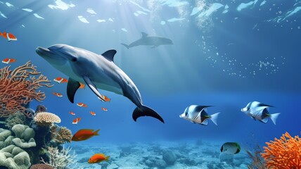 Fototapeta premium A pod of dolphins gracefully swim over a colorful coral reef in clear blue waters, showcasing their sleek bodies and fluid movements