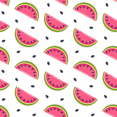 Whole and sliced watermelon slices on a light colored background. Seamless pattern