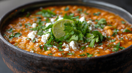 Delicious Homemade Lentil Soup Garnished with Fresh Herbs and Lime