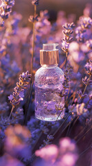 Tranquil Sunset Scene with Perfume Bottle Amidst Lavender Flowers
