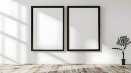 Two empty vertical black frame mock up in a white interior room design with wooden oak floor, 2 empty modern frames for gallery wall mockup, 3d illustration white wall interior render Ai generated 