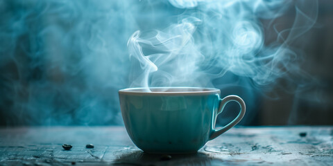 Hot steaming coffee cup background design.  Horizontal banner of coffee steaming cup and free space for text. Raster bitmap digital illustration.	Photo style. AI artwork. 