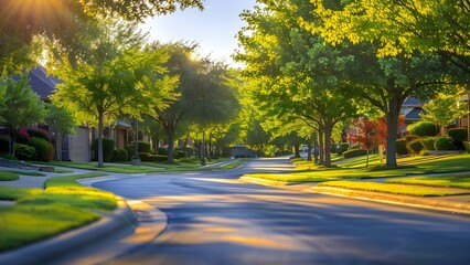 Side view of suburban street in Katy Texas lined with green trees. Concept Suburban Street View, Katy Texas, Green Trees, Side Perspective - obrazy, fototapety, plakaty