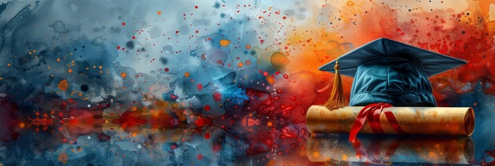 Watercolor graduation cap with diploma, illustration