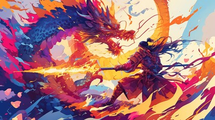 A man holding a sword confronts a fierce dragon in this dynamic painting