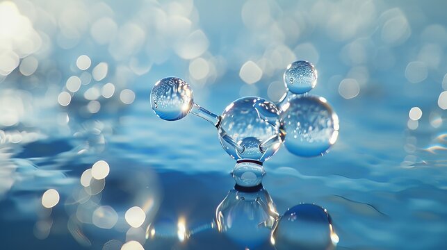 A closeup of a water molecule with two hydrogen atoms orbiting a central oxygen atom, rendered in a scientific style with clear labeling  