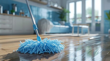 A home interior background illustration depicting a mop cleaning hardwood and tile floor in a 3D rendering. It symbolizes effective cleaning and disinfection.