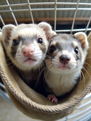 A pair of playful ferrets peeking out of a cozy hammock in their cage, with bright eyes and twitching noses filled with curiosity. AI Generative