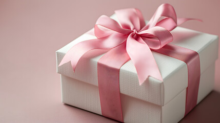 Obraz premium Elegant White Gift Box with Pink Ribbon on a Pastel Background