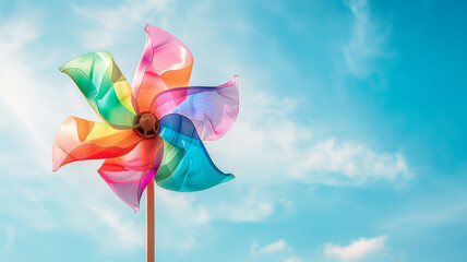 A colorful pinwheel is spinning in the wind against a blue sky.