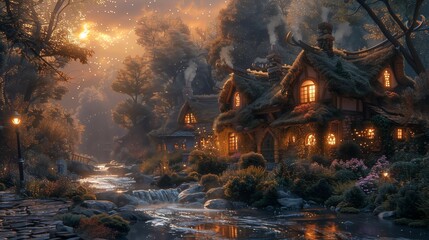Magical Thatched-Roof Cottages in the Woods, generative ai
