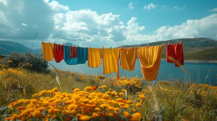 A laundry line showcasing clothes in a field.
