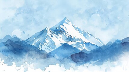 Create a watercolor painting of snow capped mountains in the distance with a foreground of rolling hills.