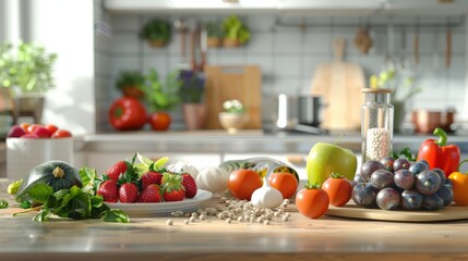 Healthy food, fresh fruits, vegetables and cereals are laid out on the table