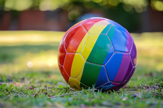 Close up of a soccer ball colored in the LGBTQ gay pride flag
