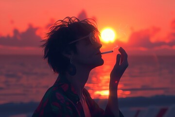 Person smoking a cigarette at the beach, sunset backdrop, casual pose,  - obrazy, fototapety, plakaty