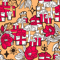 Gift box, ribbon and flowers seamless vector pattern for wrapping present with bow, party celebration, sale promotion, Textile print, fabric design, banner background. Hand drawn style illustration.