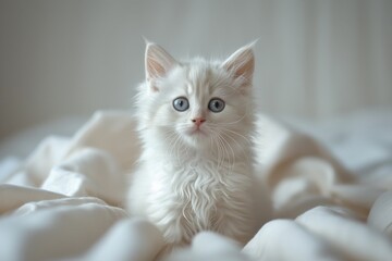 Cute white kitten smiles and looks at the camera on a light background.
