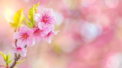 A detailed view of a pink flower blooming on a branch, showcasing its delicate petals and vibrant color